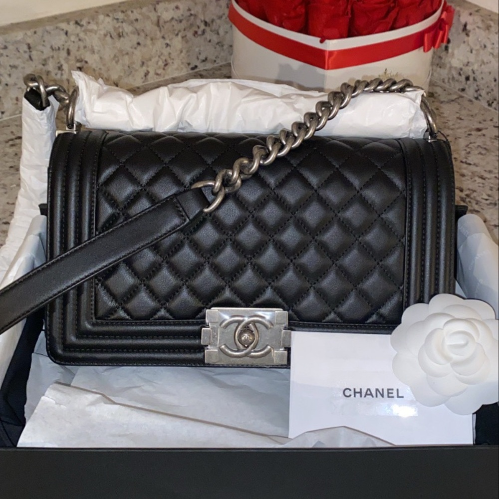 Chanel Black Quilted LeBoy Crossbody Bag with Silver Chain